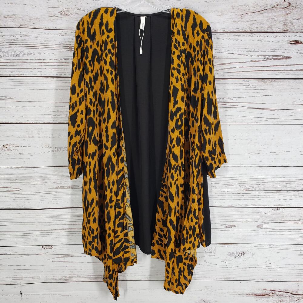 Glam Black Leopard Print Contrast Roll Tab Open Cardigan Size Medium